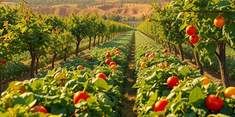 A beautiful landscape featuring a sunlit field filled with healthy fruits and vegetables, illustrating the theme of hydration and nutrition.