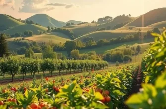 A beautiful landscape of fruits and vegetables growing naturally in a sunlit field, promoting organic health.