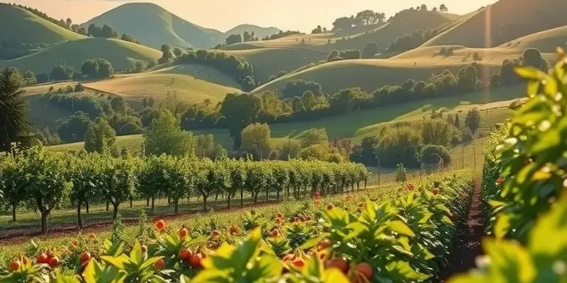 A beautiful landscape of fruits and vegetables growing naturally in a sunlit field, promoting organic health.