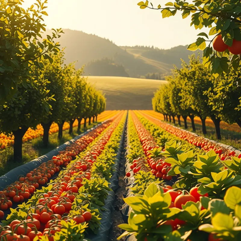 A sunlit orchard rich in vibrant fruits and vegetables.