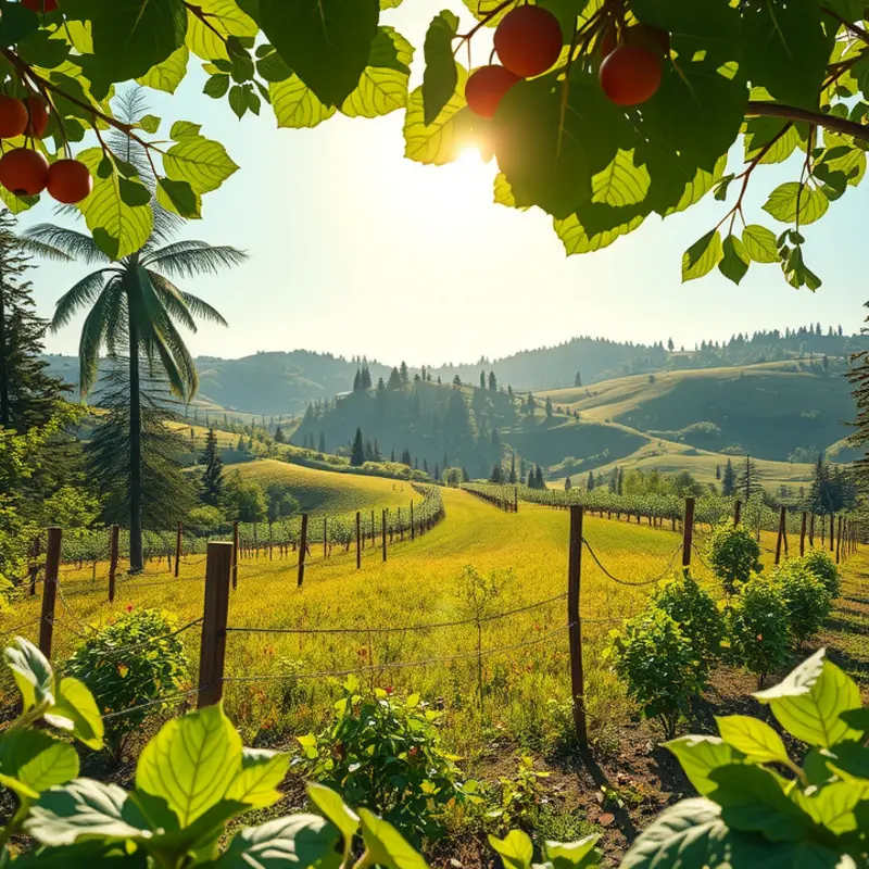 A sunlit orchard filled with vibrant fruits, symbolizing the natural abundance of acerola cherries.