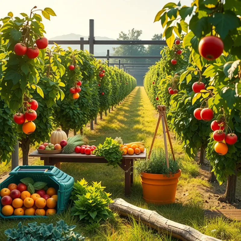 An orchard filled with fresh, vibrant fruits and vegetables indicative of a healthy diet.