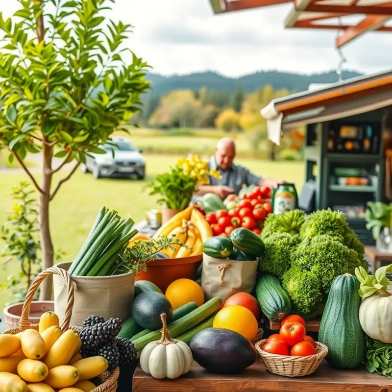 A serene outdoor cafe setting filled with fresh produce, suggesting the health benefits of fasting.