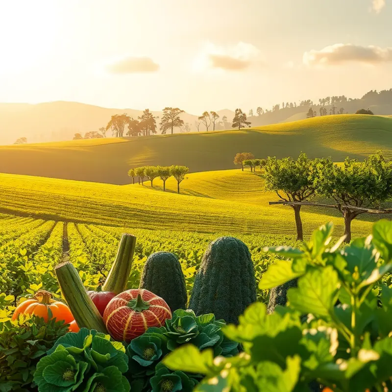 A picturesque sunlit field rich with organic vegetables and fruits.