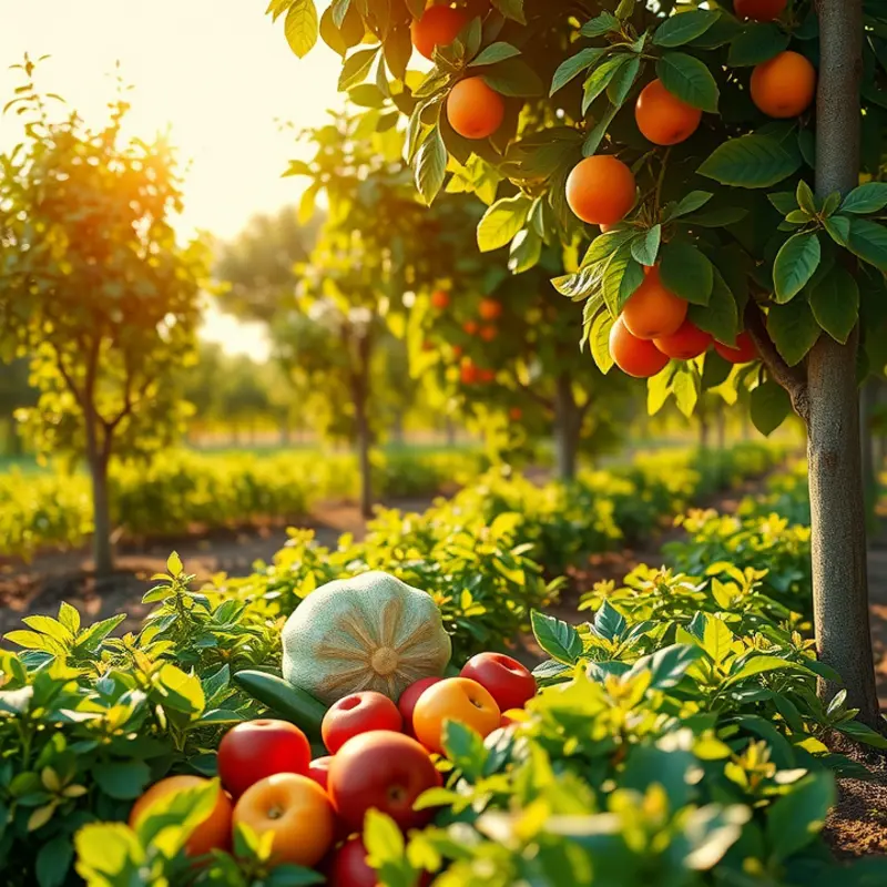 An orchard full of vibrant fruits and vegetables, representing sources of essential nutrients for bone health.