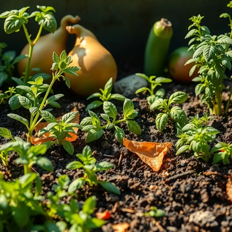 A sunny garden showcasing various compost setups surrounded by lush greenery.