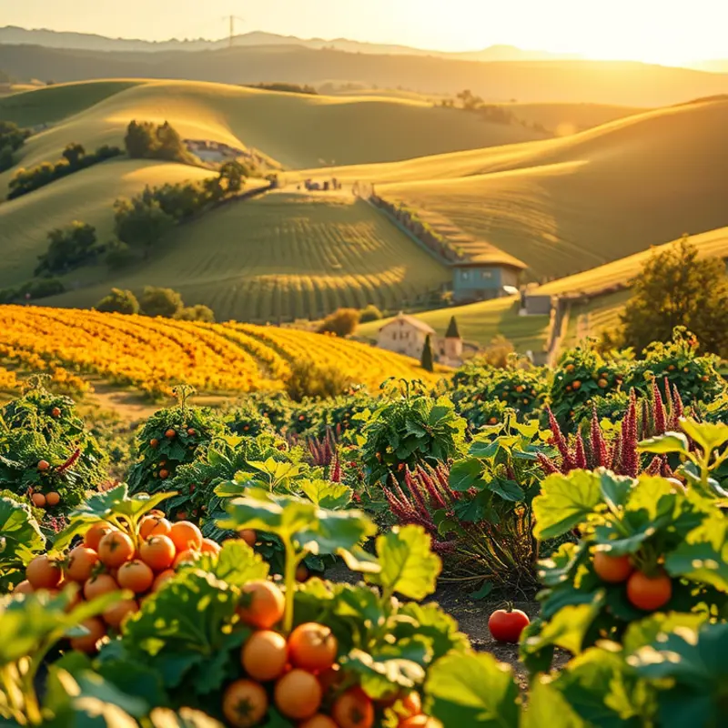 A vibrant sunlit field showcasing organic tomatoes amidst lush greenery.