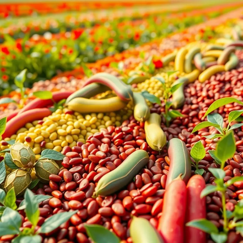 A sunlit scene filled with various nuts and seeds in a lush environment, representing natural protein sources.