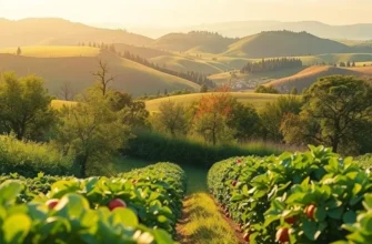 A scenic view of a lush field filled with colorful vegetables and fruits.