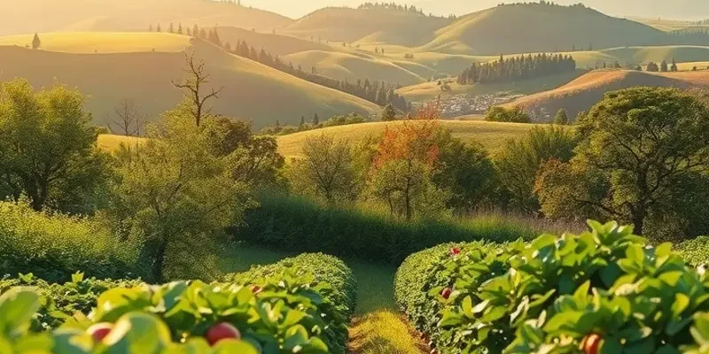 A scenic view of a lush field filled with colorful vegetables and fruits.