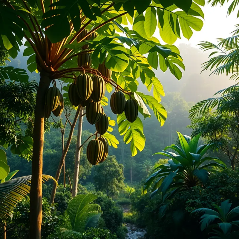 A lush cocoa plantation representing the origins of chocolate in Mesoamerica.