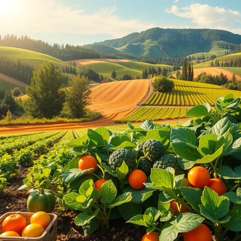 A tranquil sunlit orchard filled with ripe fruits and vegetables, representing the bounty of mindful eating.