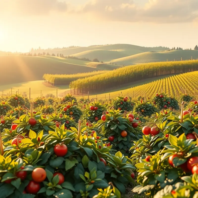A sunlit field filled with vibrant organic vegetables and fruits.