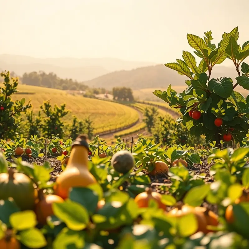 A vibrant orchard showcasing the abundance of organic produce under warm sunlight.