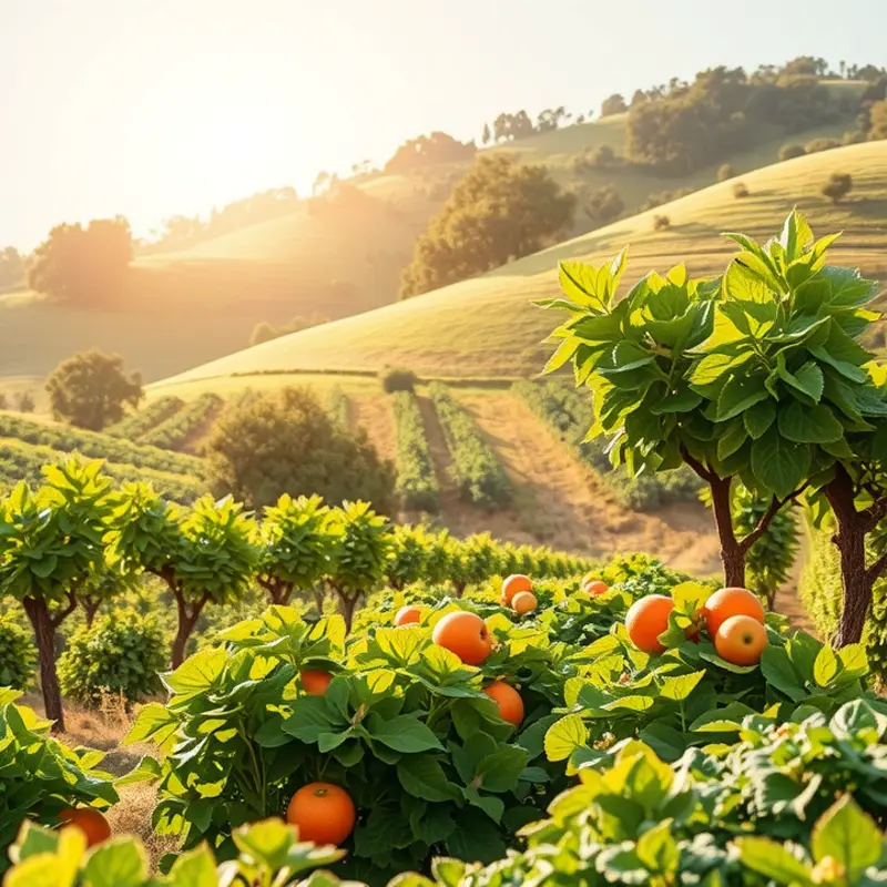 A sunlit field showcasing vibrant, organic fruits and vegetables.