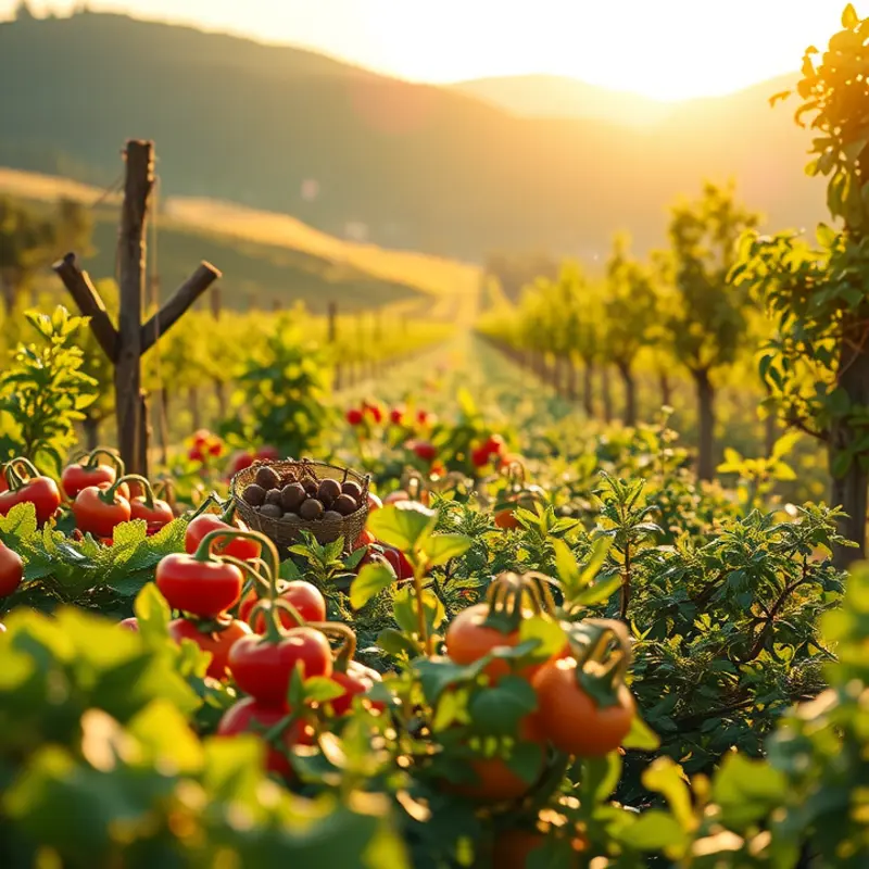 Vibrant fruits and vegetables thriving in a sunlit organic orchard.