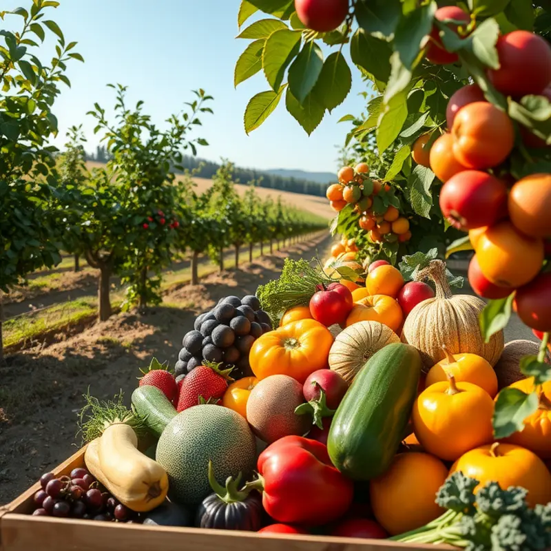A vibrant sunlit field filled with organic fruits and vegetables.