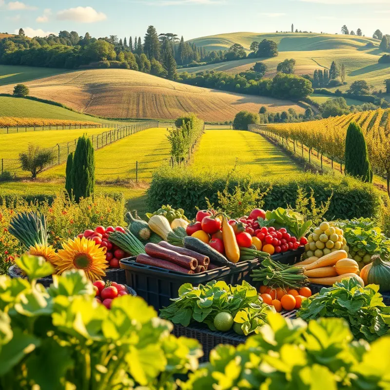 A vibrant sunlit field showcasing a bounty of fresh vegetables and fruits.