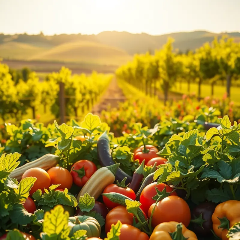 A tranquil sunlit field showcasing the abundance of organic produce.