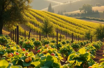A picturesque sunlit landscape with lush vegetables and fruits growing abundantly.
