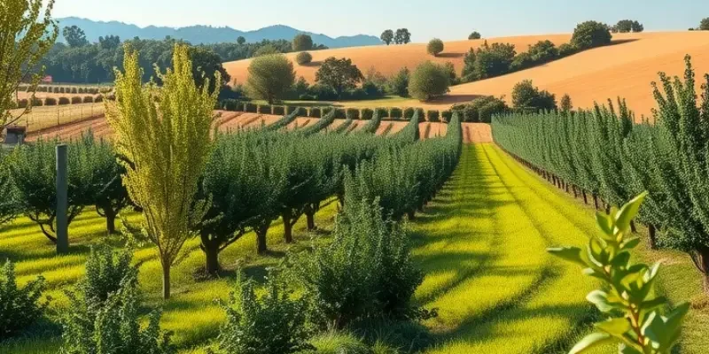 A beautiful, sunlit landscape filled with organic fruits and vegetables, symbolizing the core of the macrobiotic diet.