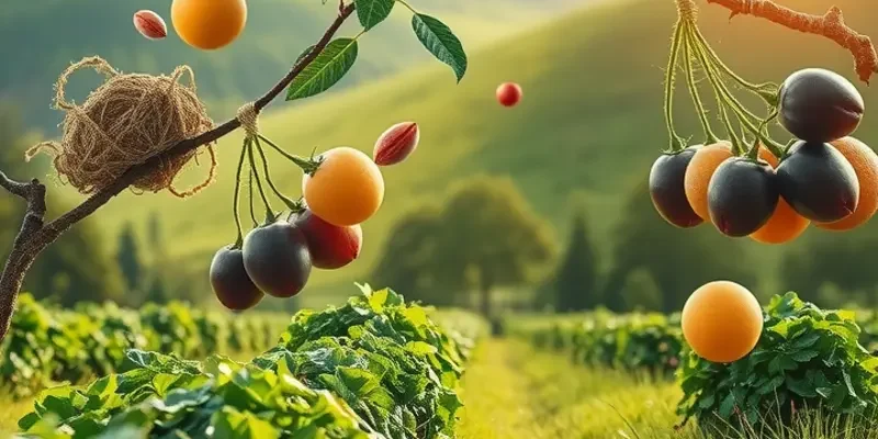 Photorealistic landscape of a sunlit orchard filled with organic produce, symbolizing natural seasoning.