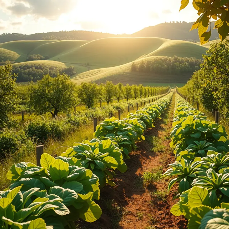 A sunlit orchard filled with vibrant fruits and vegetables.