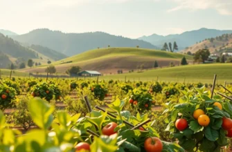 A serene sunset over a field of organic produce with vibrant colors reflecting nature's bounty.