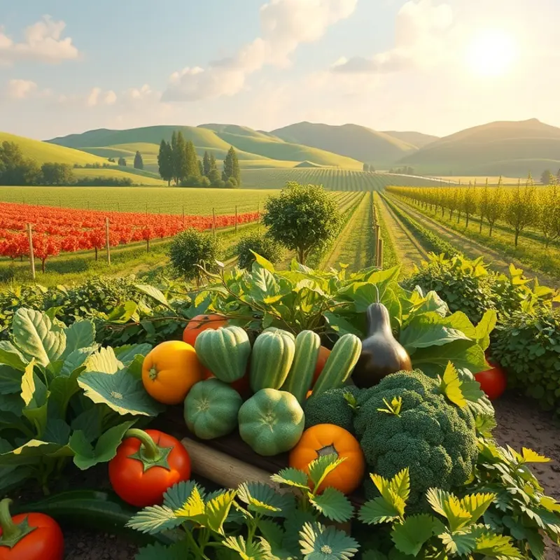 Illustration of organic produce in a sunlit orchard.