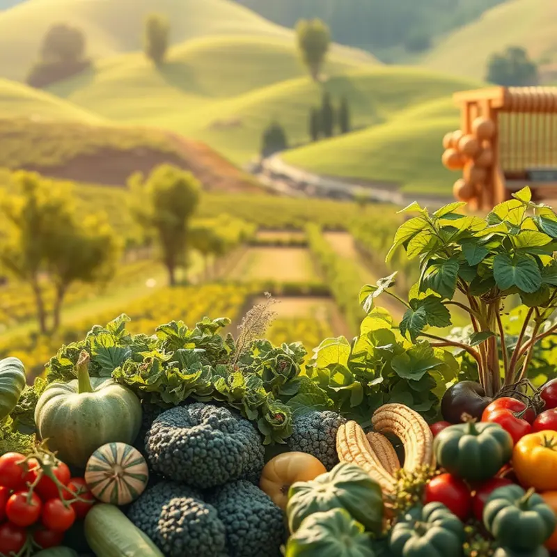 A serene landscape featuring vibrant fruits and vegetables thriving in a sunlit field.