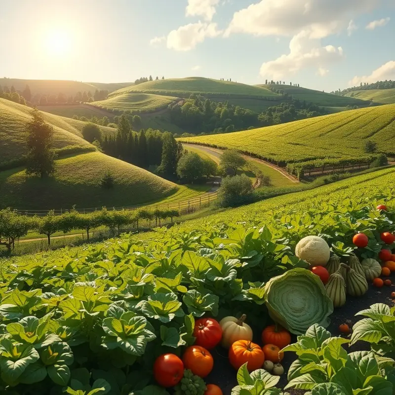 Illustration of organic produce in a sunlit orchard.