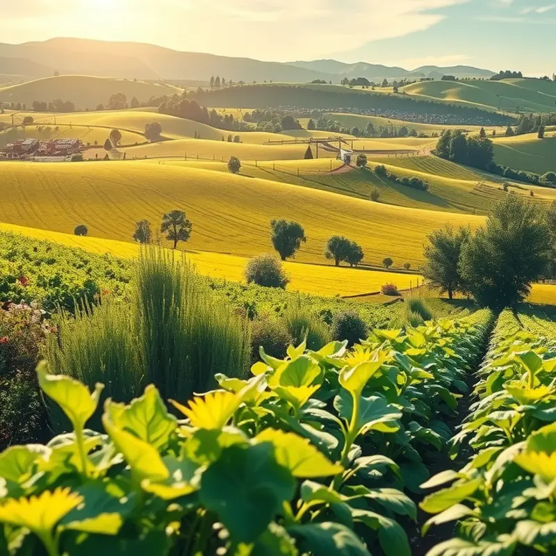 A serene landscape featuring vibrant fruits and vegetables thriving in a sunlit field.