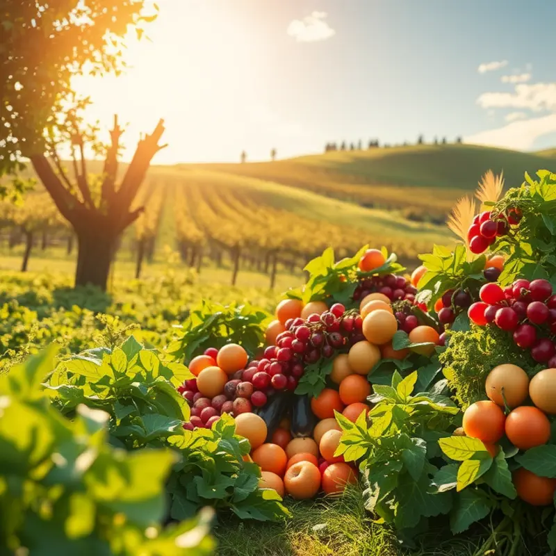 A serene sunlit field rich in organic produce, symbolizing the essence of meal prep.