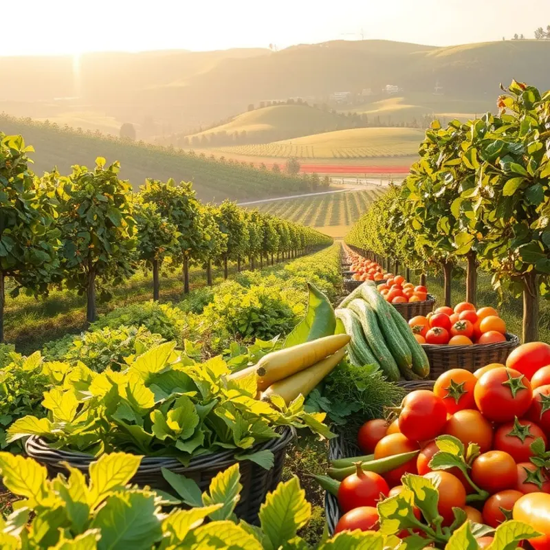 A sunlit field demonstrating the freshness of organic produce.
