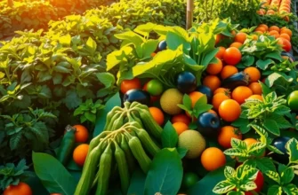 A scenic landscape filled with organic vegetables and fruits representing the principles of the Mediterranean diet.