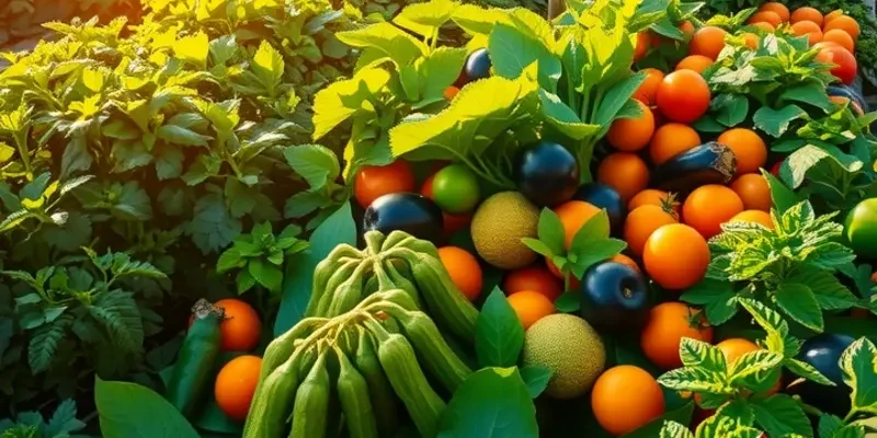 A scenic landscape filled with organic vegetables and fruits representing the principles of the Mediterranean diet.