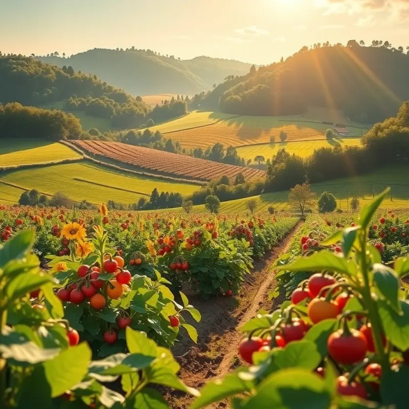 A sunlit field bursting with organic vegetables and fruits, representing the essence of the Mediterranean diet.