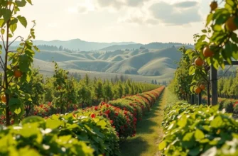 A beautiful sunlit orchard with fresh fruits and vegetables, symbolizing the richness of Middle Eastern culinary traditions.