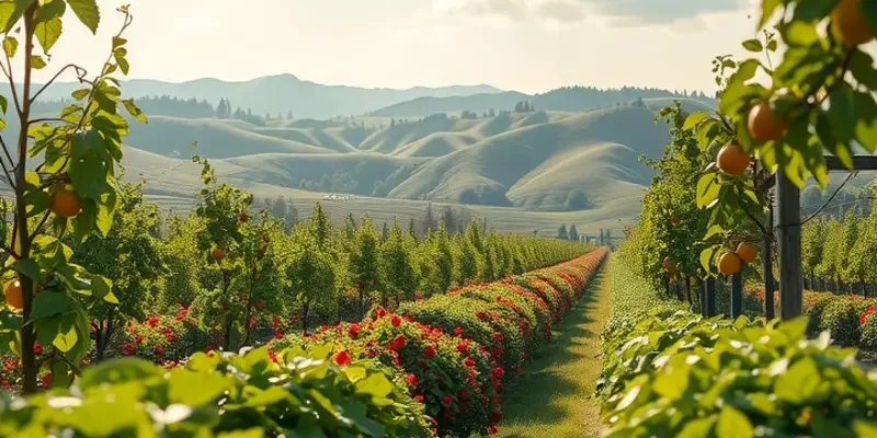 A beautiful sunlit orchard with fresh fruits and vegetables, symbolizing the richness of Middle Eastern culinary traditions.