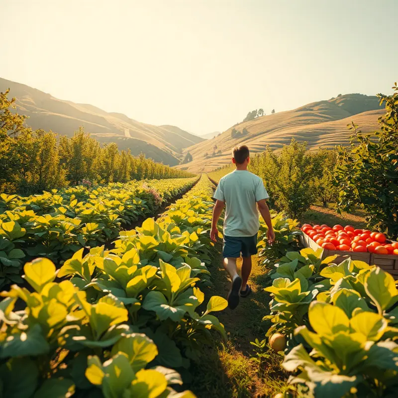 A picturesque view of vibrant vegetables and fruits growing in a sunlit field, reflecting the abundance of nature.