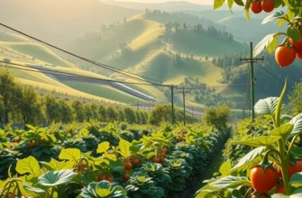A vivid organic farm landscape showcasing healthy produce under warm sunlight, reflecting nutrition and vitality.