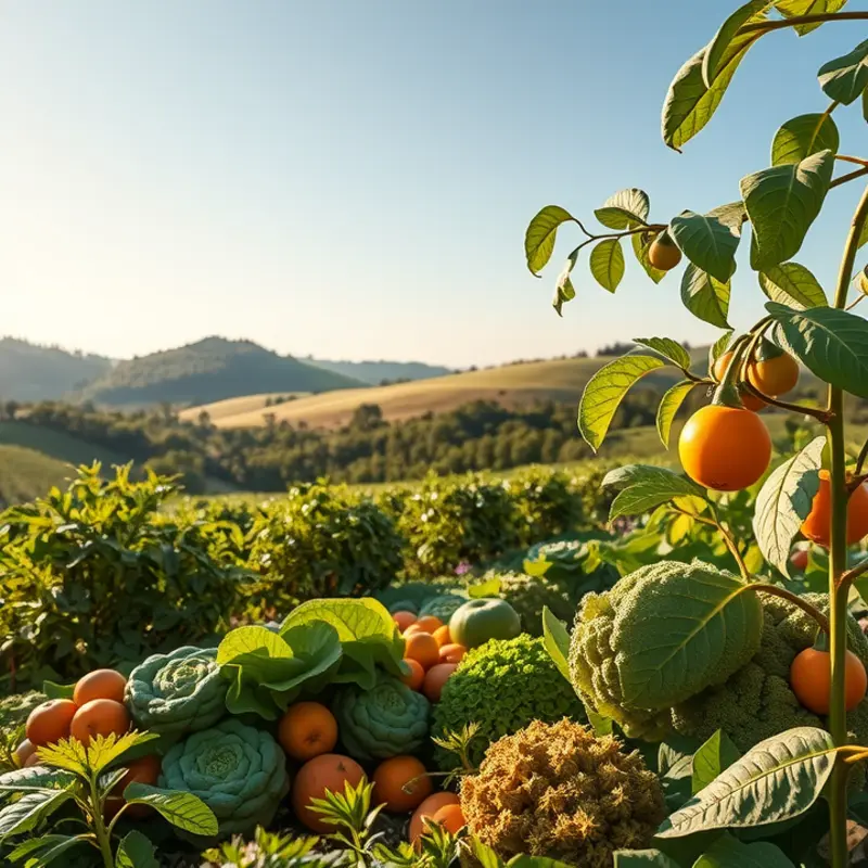 A serene sunlit field overflowing with vibrant fruits and vegetables.