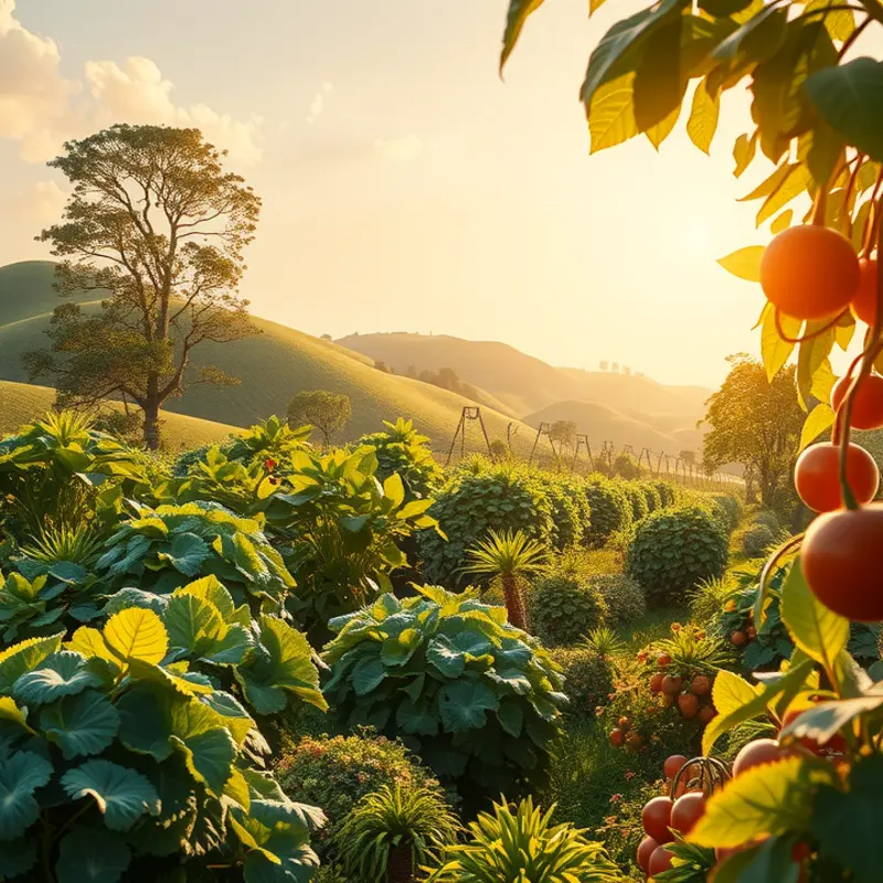 A vibrant sunlit field filled with organic fruits and vegetables, representing the abundance of mindful eating.