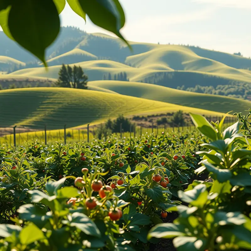 A vibrant sunlit field filled with organic fruits and vegetables, representing the abundance of mindful eating.