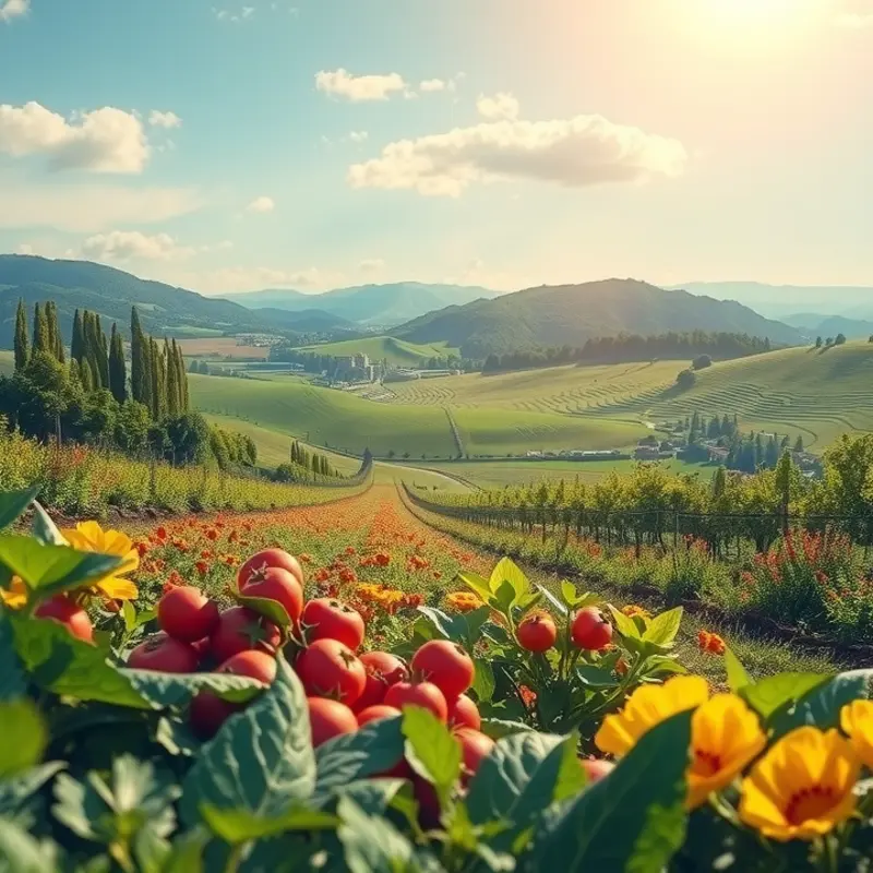 A sunlit landscape filled with vibrant organic produce, highlighting the beauty and abundance of nature.