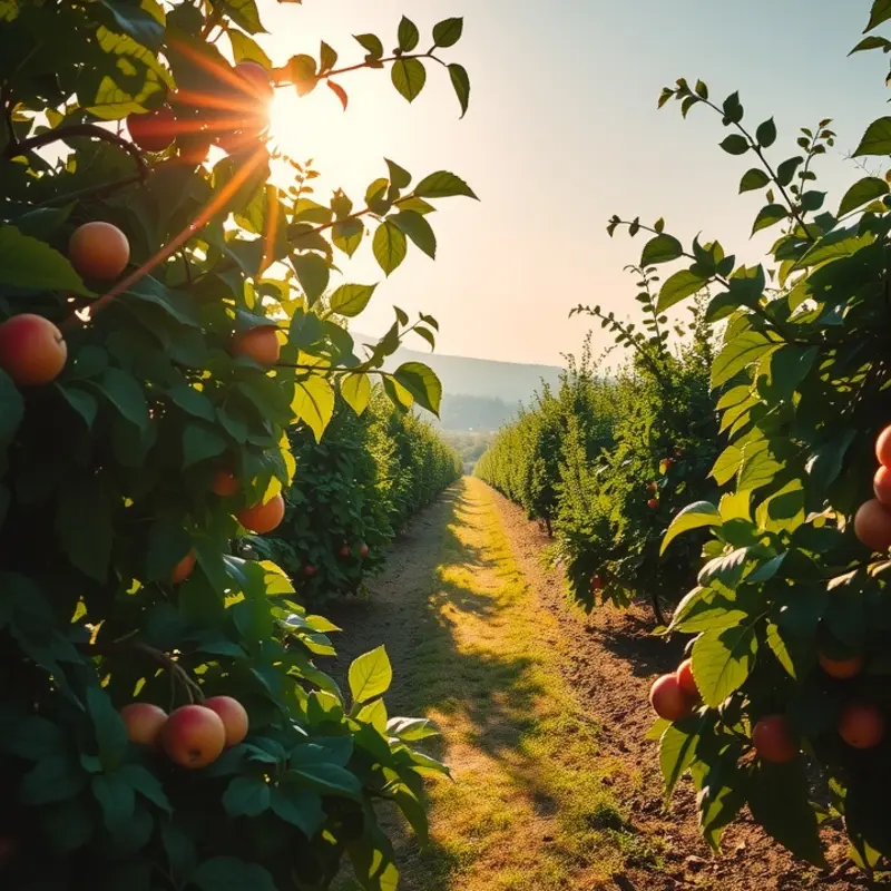 A sunlit orchard abundant with vibrant vegetables and fruits representing emotional wellness through mindful eating.