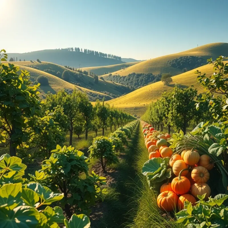 A sunlit orchard filled with vibrant fruits and vegetables, symbolizing fresh food choices.