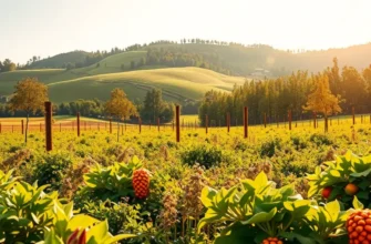 Photorealistic serene landscape with lush greenery and vibrant organic produce symbolizing a mindful approach to eating.