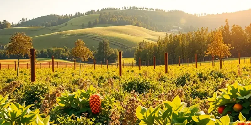 Photorealistic serene landscape with lush greenery and vibrant organic produce symbolizing a mindful approach to eating.