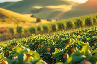 A lush, sunlit mountain landscape filled with vibrant fruits and vegetables growing naturally.